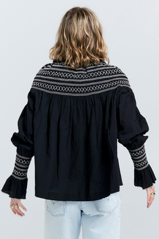 Gaia Long Sleeve Smocked Blouse Black/Off-White Smocking