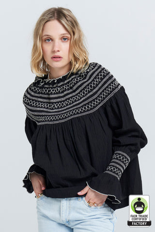 Gaia Long Sleeve Smocked Blouse Black/Off-White Smocking