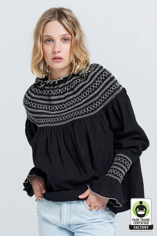 Gaia Long Sleeve Smocked Blouse Black/Off-White Smocking