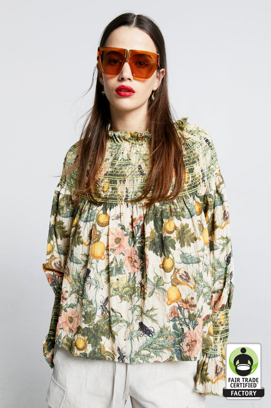 Gaia Long Sleeve Smocked Blouse Macadamia Multi/Green Smocking