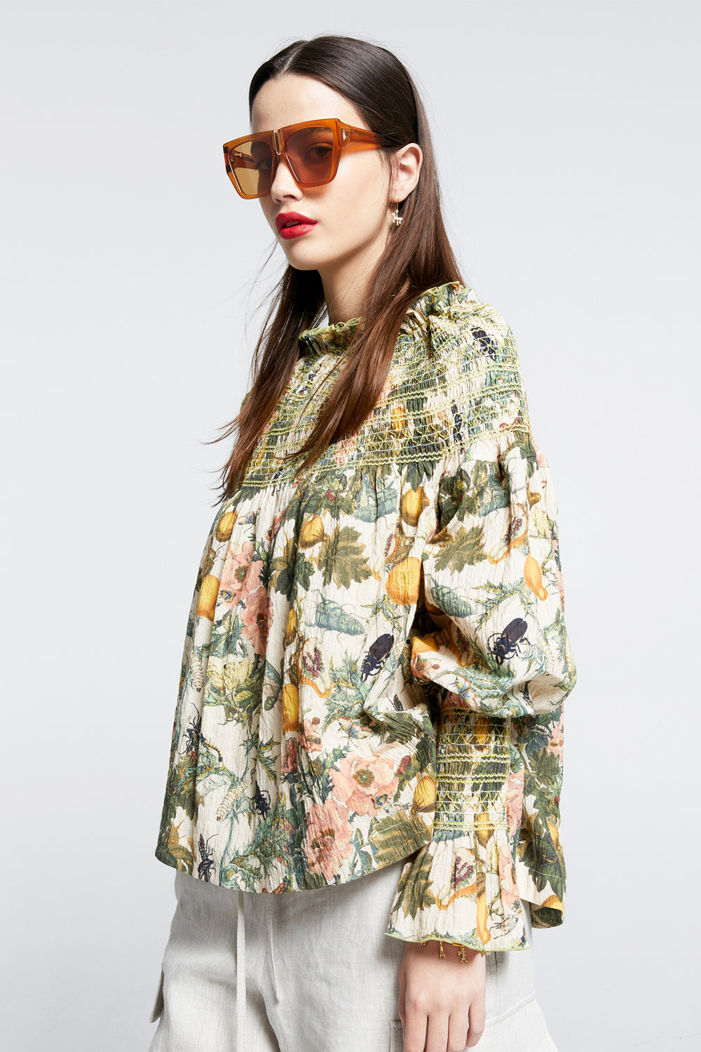 Gaia Long Sleeve Smocked Blouse Macadamia Multi/Green Smocking