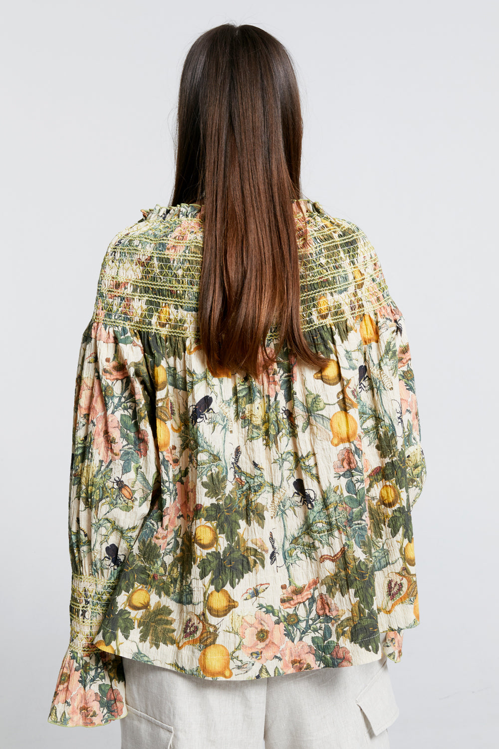 Gaia Long Sleeve Smocked Blouse Macadamia Multi/Green Smocking