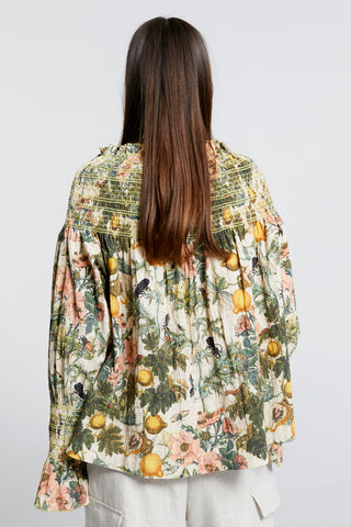 Gaia Long Sleeve Smocked Blouse Macadamia Multi/Green Smocking