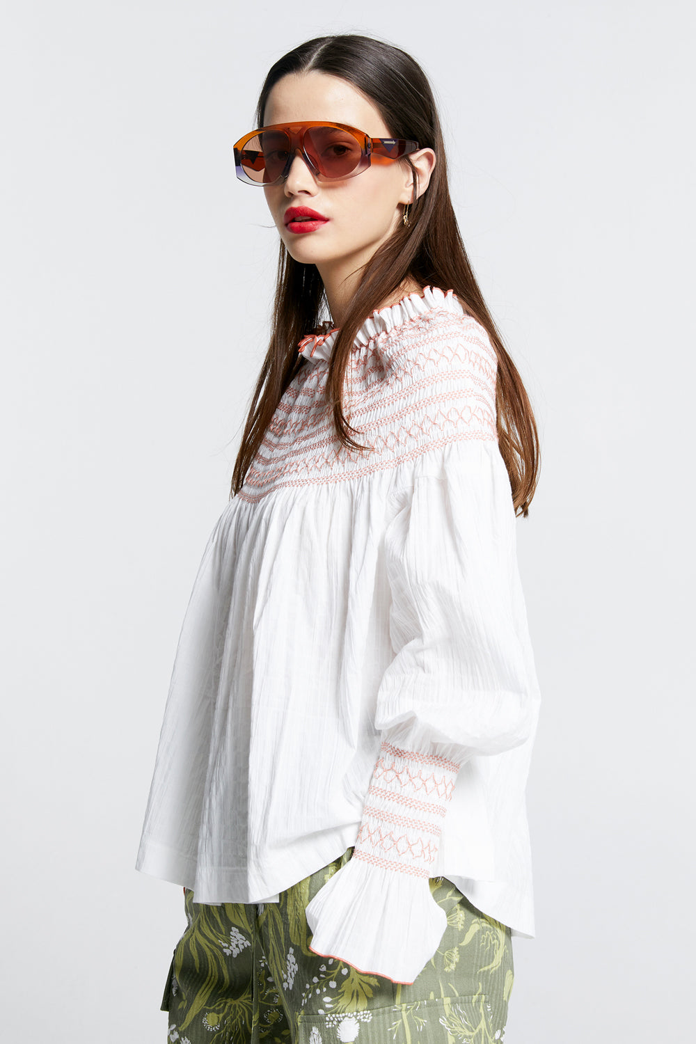 Gaia Long Sleeve Smocked Blouse Off-White/Watermelon Smocking