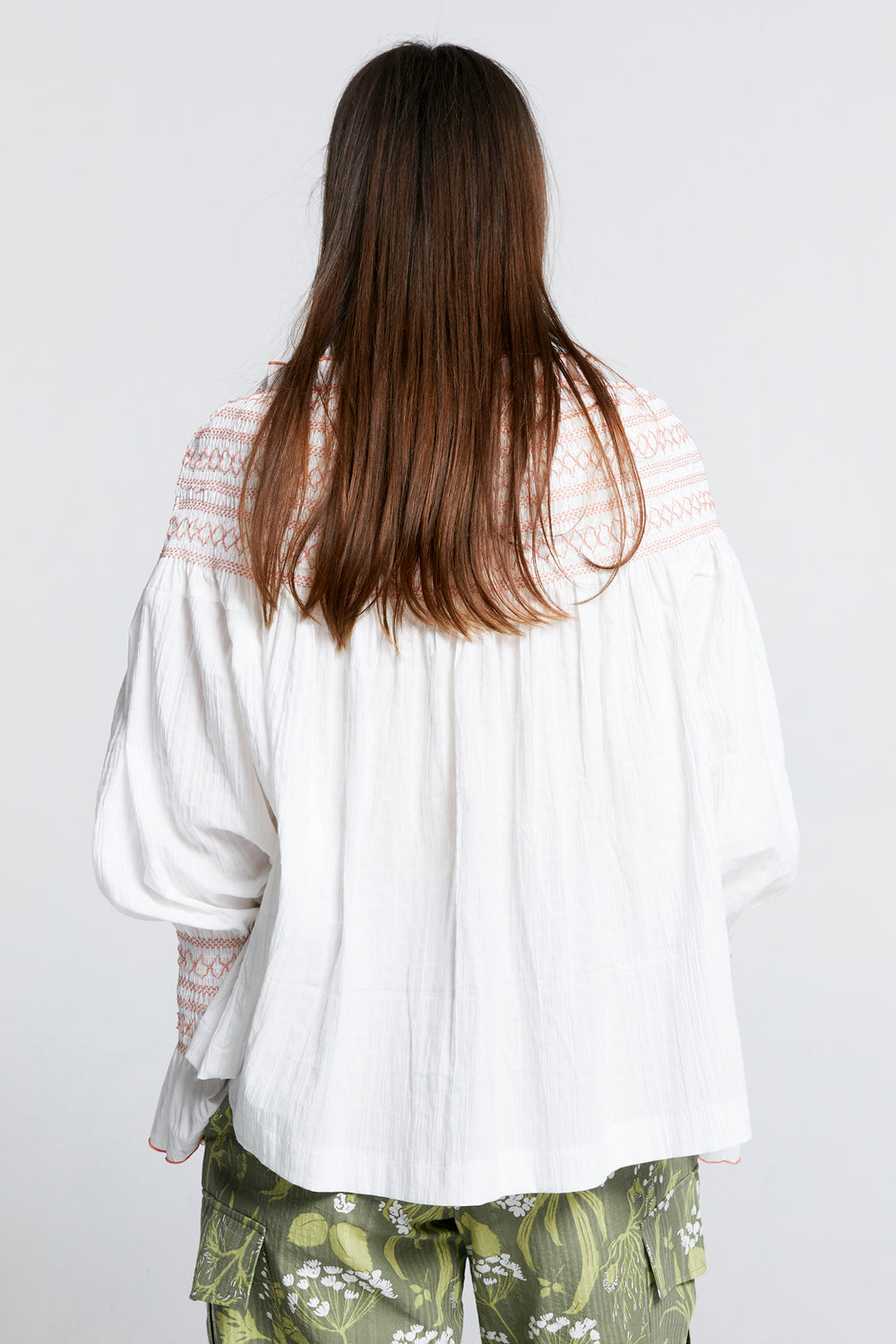 Gaia Long Sleeve Smocked Blouse Off-White/Watermelon Smocking