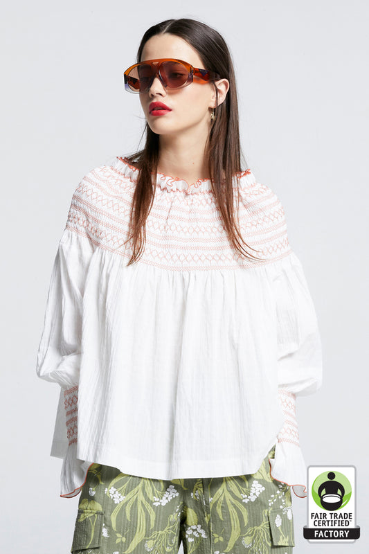 Gaia Long Sleeve Smocked Blouse Off-White/Watermelon Smocking