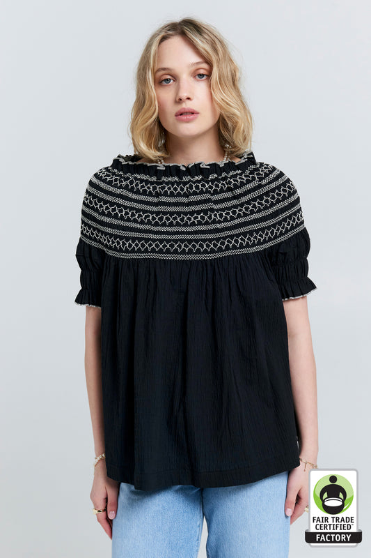 Gaia Smocked Blouse Black/Off-White Smocking