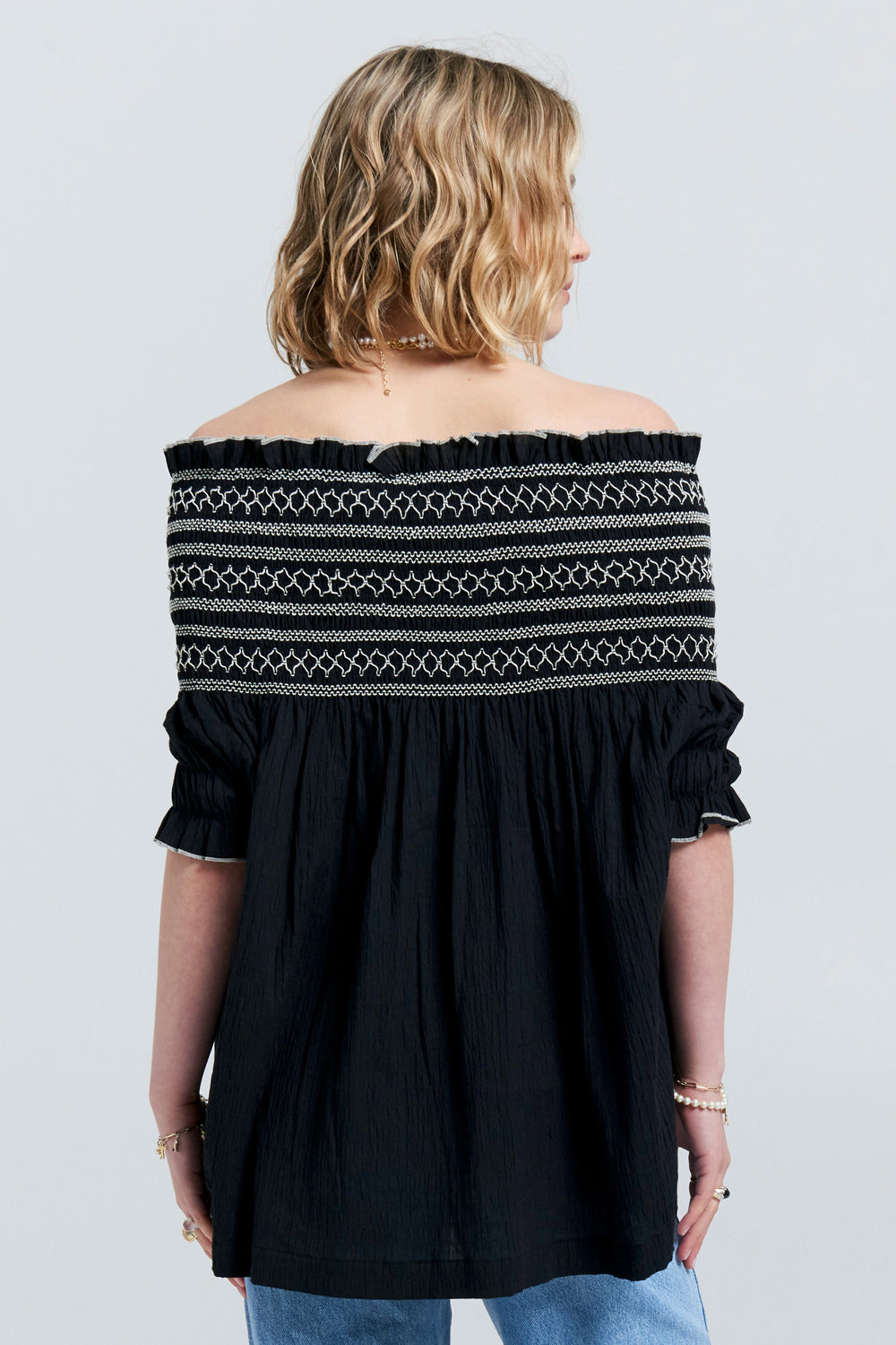 Gaia Smocked Blouse Black/Off-White Smocking