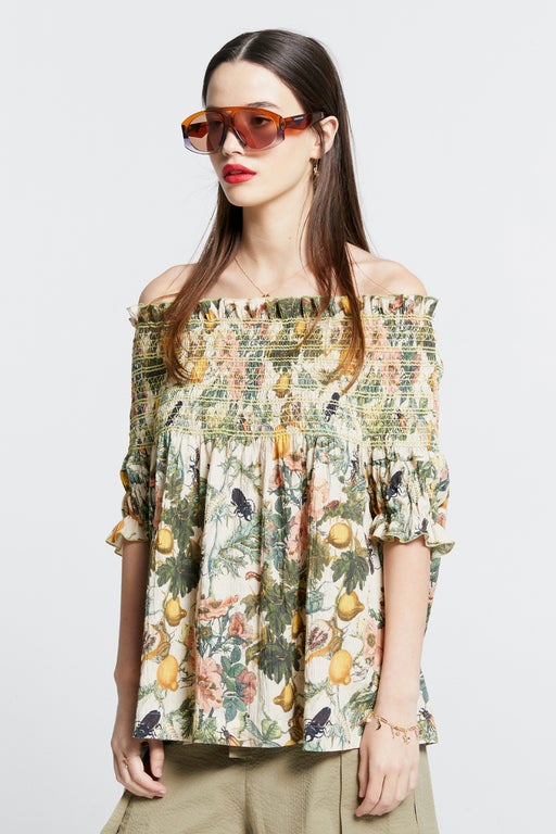 Gaia Smocked Blouse Macadamia Multi/Green Smocking