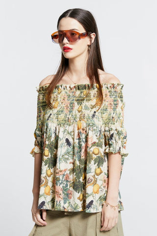 Gaia Smocked Blouse Macadamia Multi/Green Smocking
