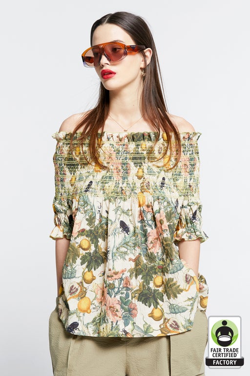 Gaia Smocked Blouse Macadamia Multi/Green Smocking