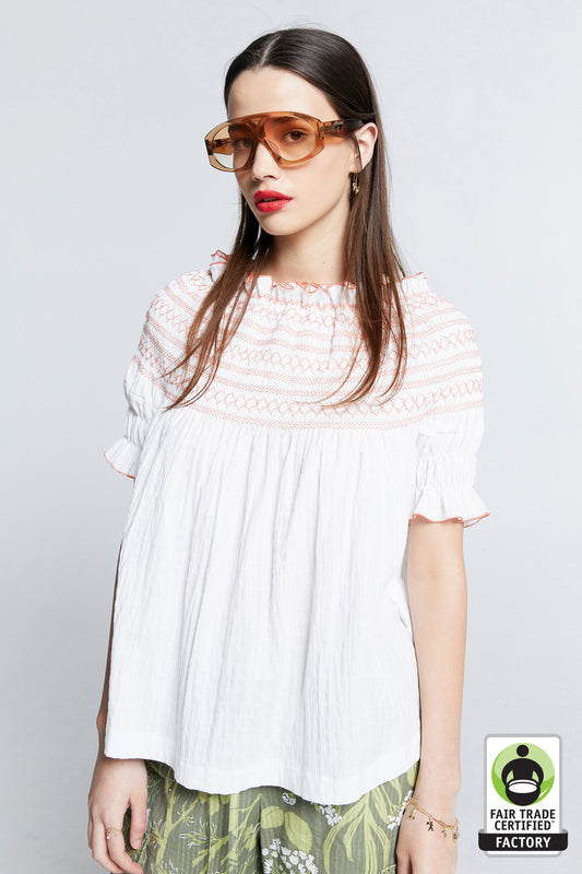 Gaia Smocked Blouse Off-White/Watermelon Smocking