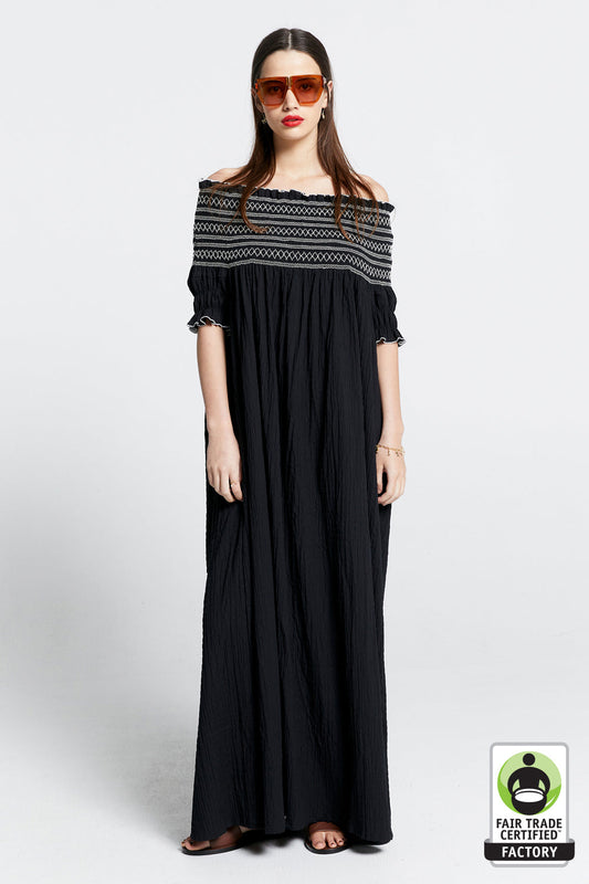 Gaia Smocked Dress Black/Off-White
