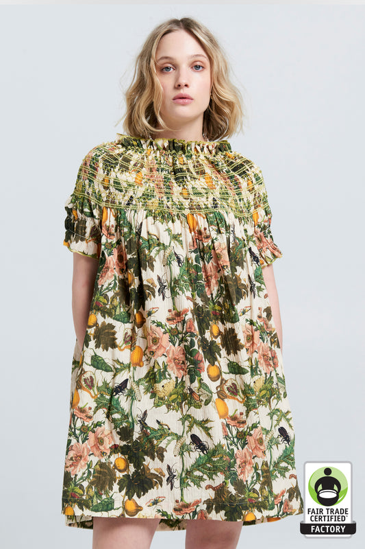 Gaia Smocked Mini Dress Macadamia Multi/Green Smocking