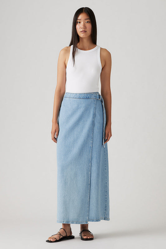 Column Wrap Skirt Wrapped in Blue