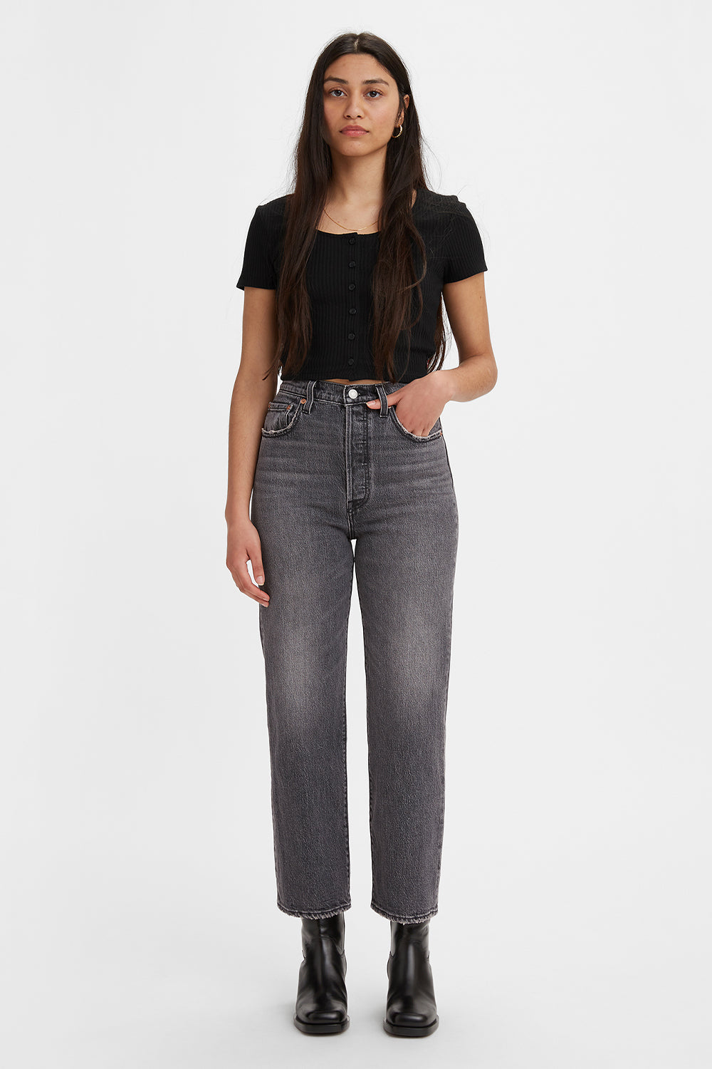 Ribcage Straight Full Length Jeans Black Worn In
