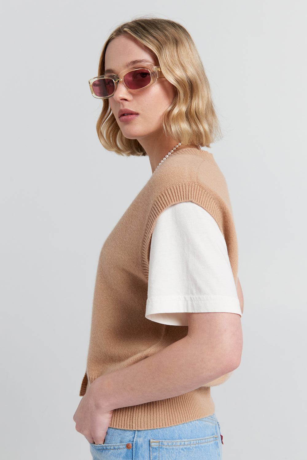 Mina Button Up Cashmere Vest Camel