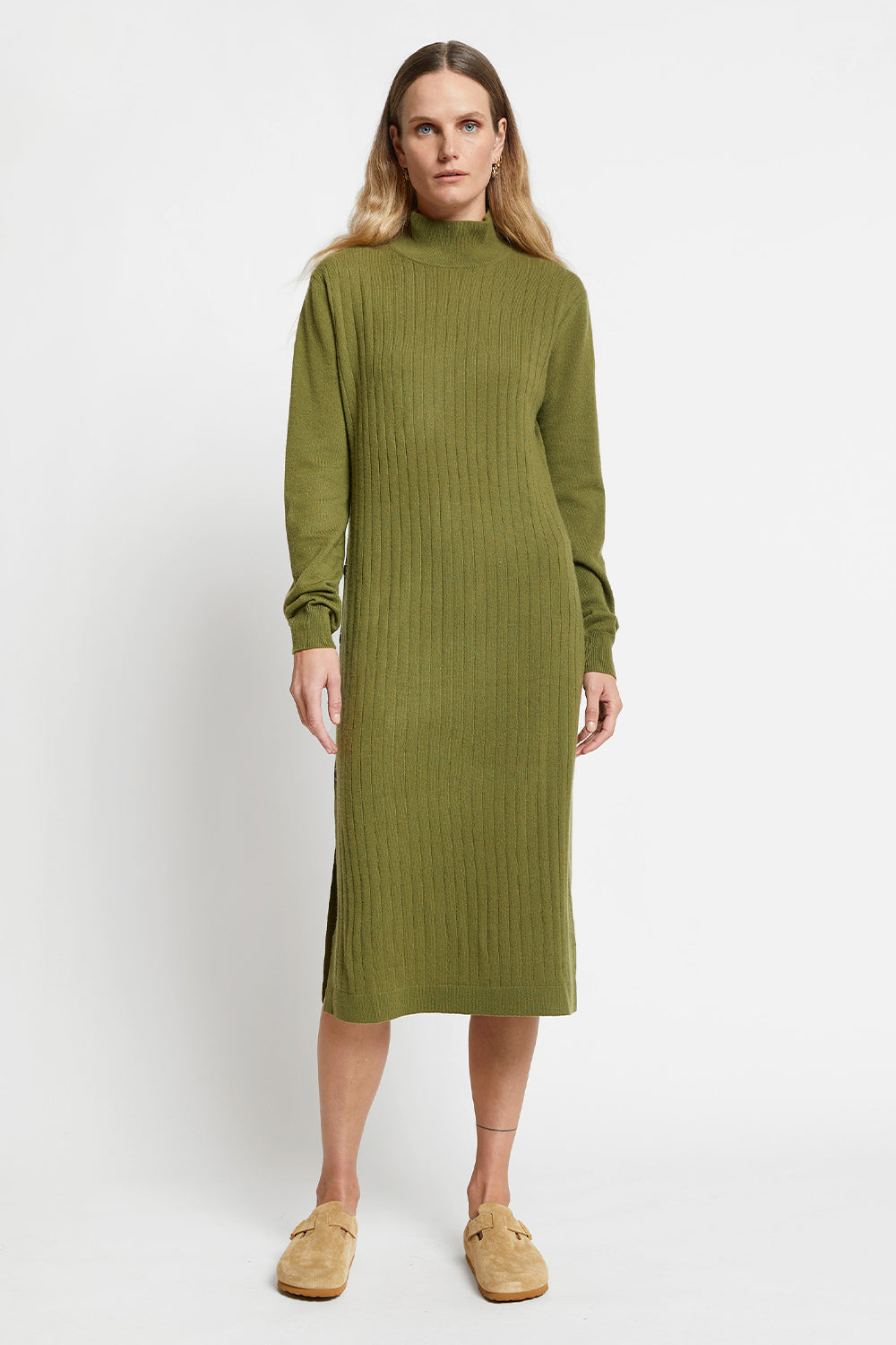 Nina Cashmere Turtleneck Dress Army Green