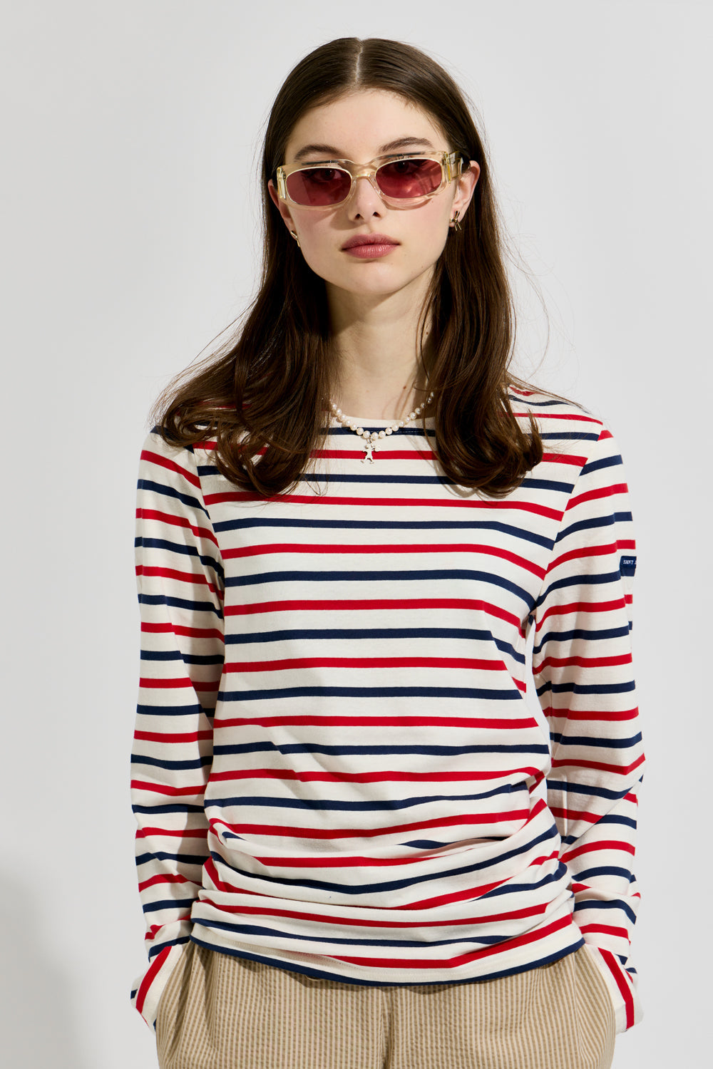Minquiers Moderne Tri-colour Striped Shirt Ecru/Marin/Tulipe