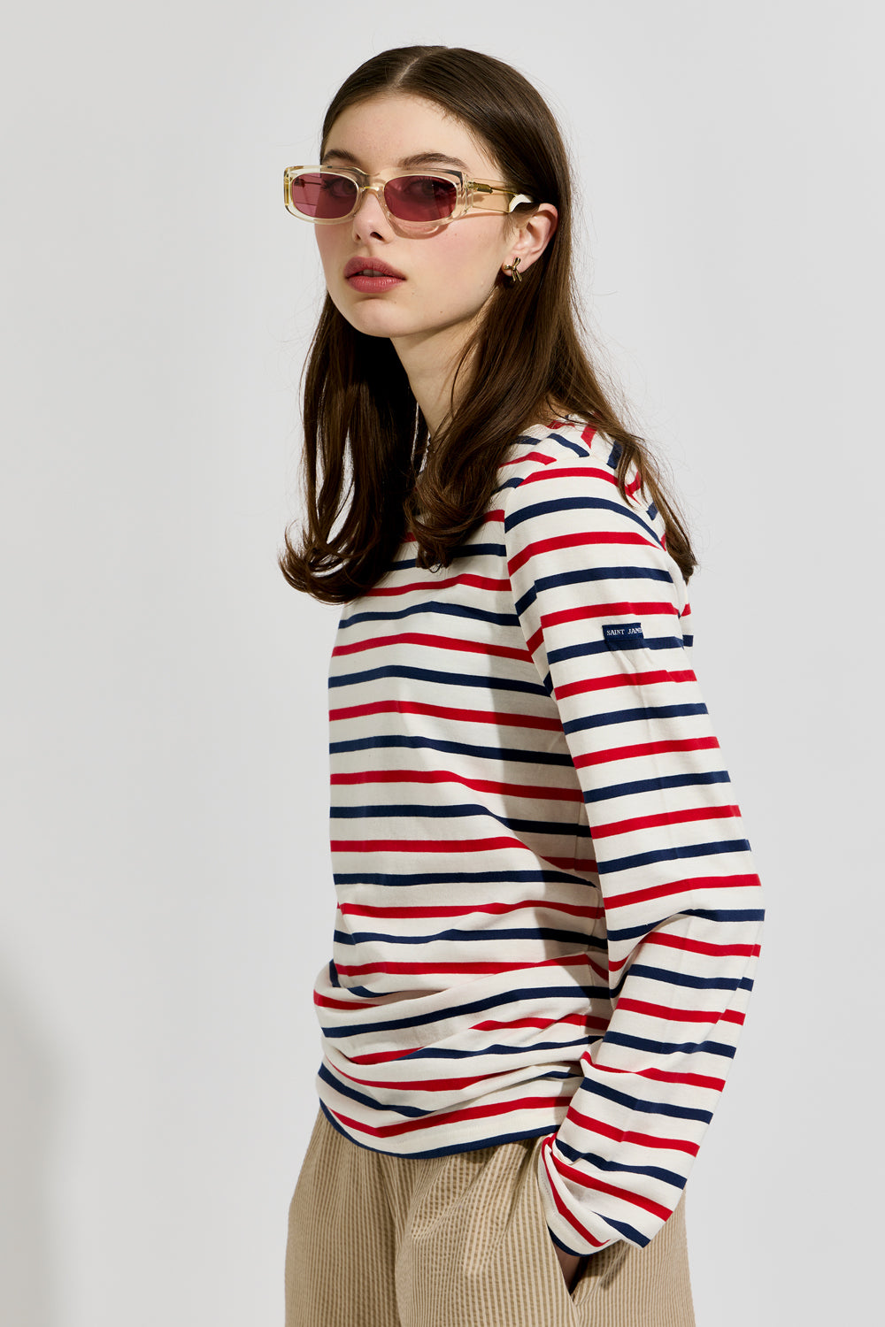 Minquiers Moderne Tri-colour Striped Shirt Ecru/Marin/Tulipe