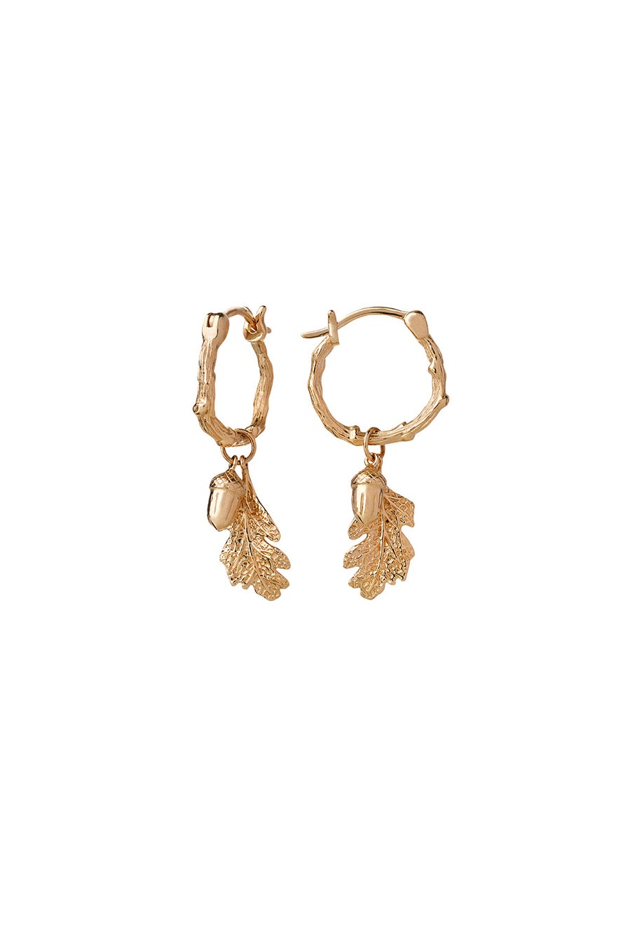 Acorn and Leaf Mini Hoop Earrings Gold