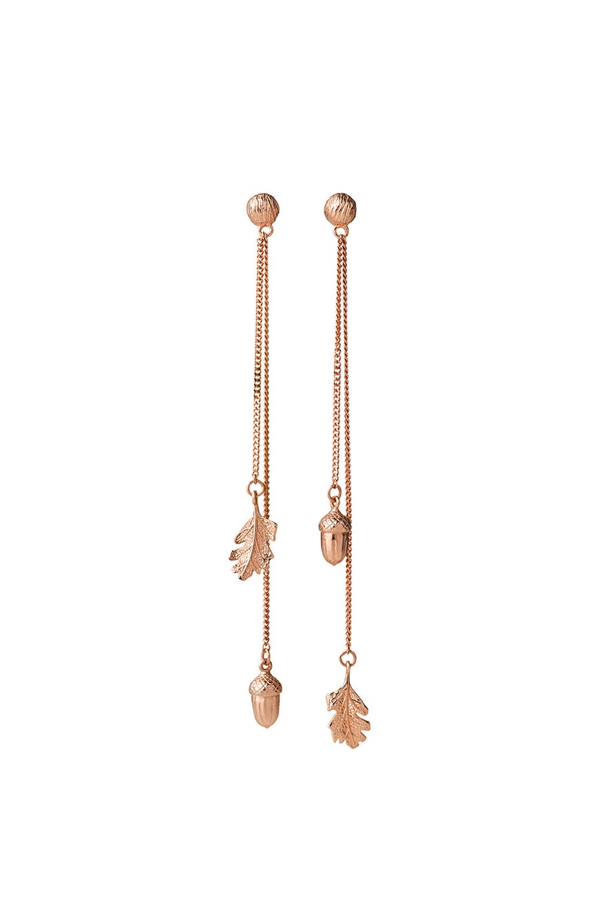 Acorn and Leaf Pendulum Earrings Rose Gold