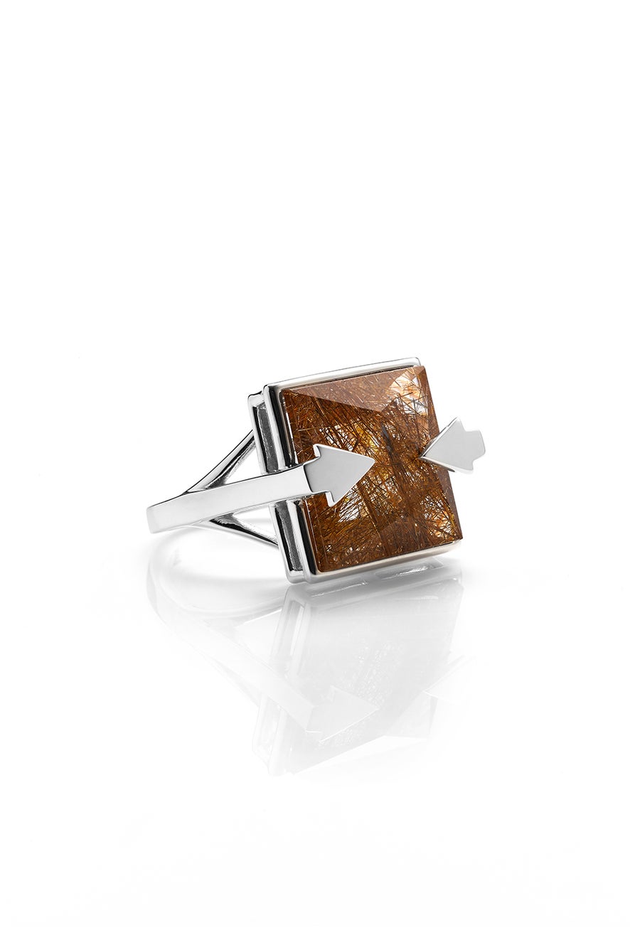 Ballistic Ring with 14mm Square Rutilated Quartz Silver