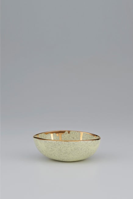 Claybird Large Ring Bowl with Gold Drip Rim Speckled Yellow