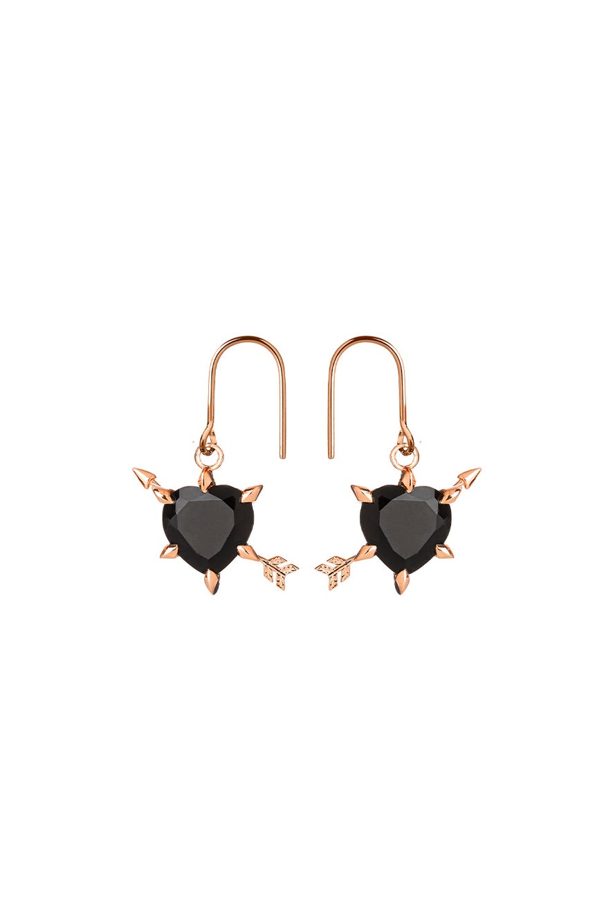 Cupid's Arrow and Heart Earrings Rose Gold Onyx