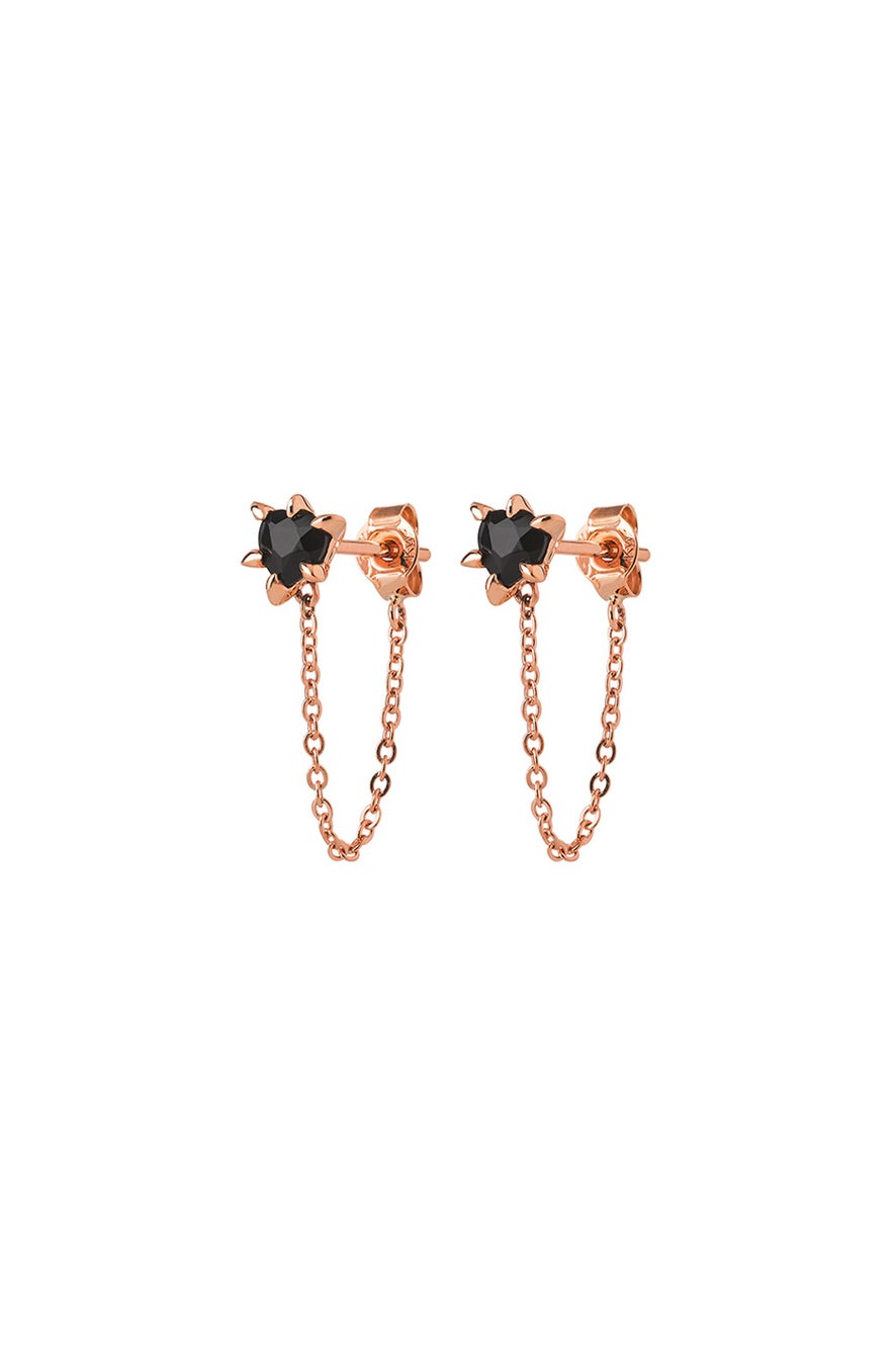 Cupid's Heart and Chain Studs Rose Gold Onyx