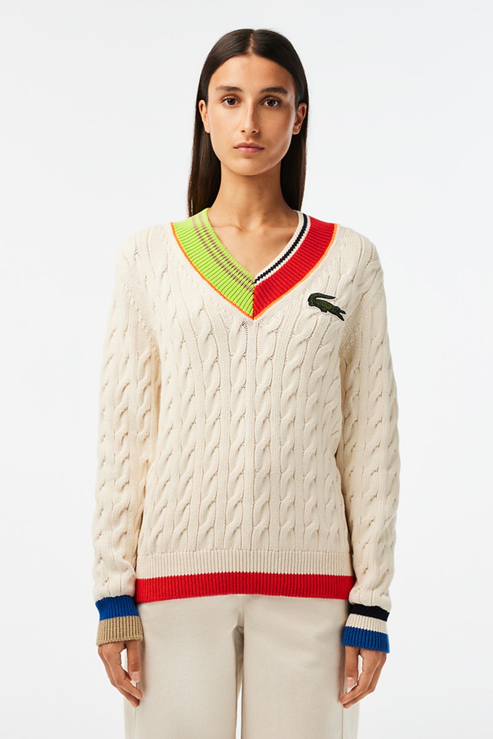 Lacoste Cable Knit Colour Twist V-neck Sweater | Karen Walker