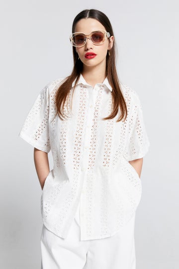 Broderie Ruffle Cotton Shirt - White