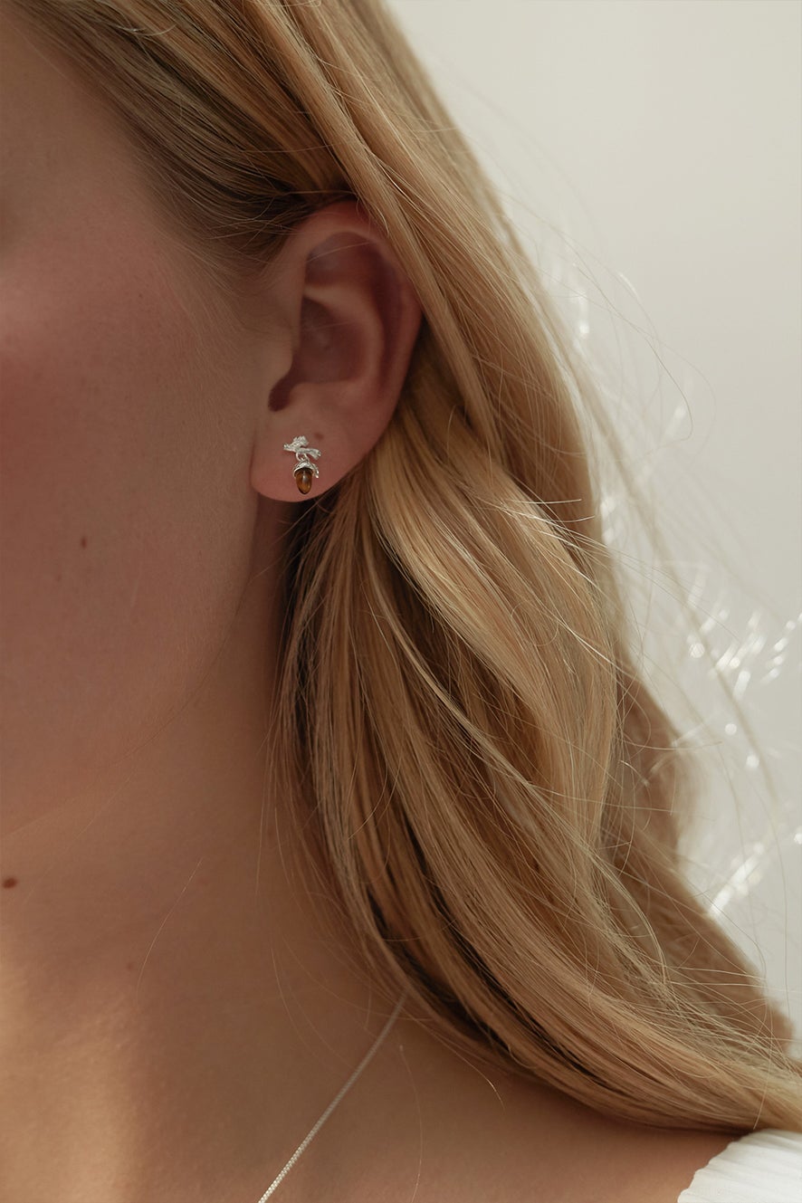 Micro Acorn and Leaf Studs Rose Gold
