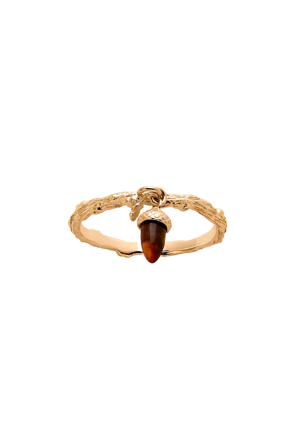 Micro Acorn and Leaf Charm Ring Gold