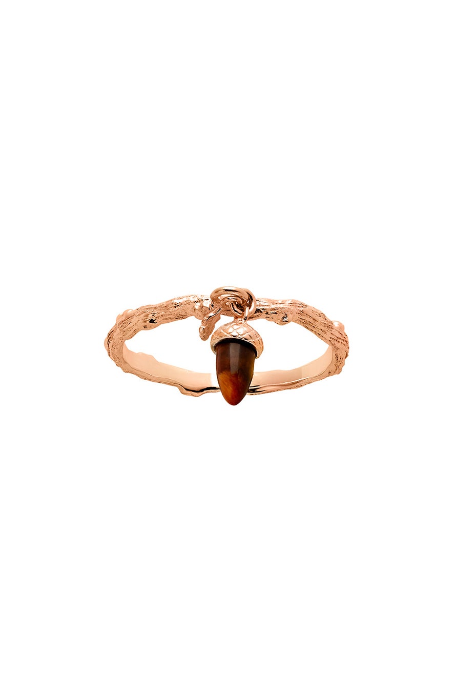 Micro Acorn and Leaf Charm Ring Rose Gold