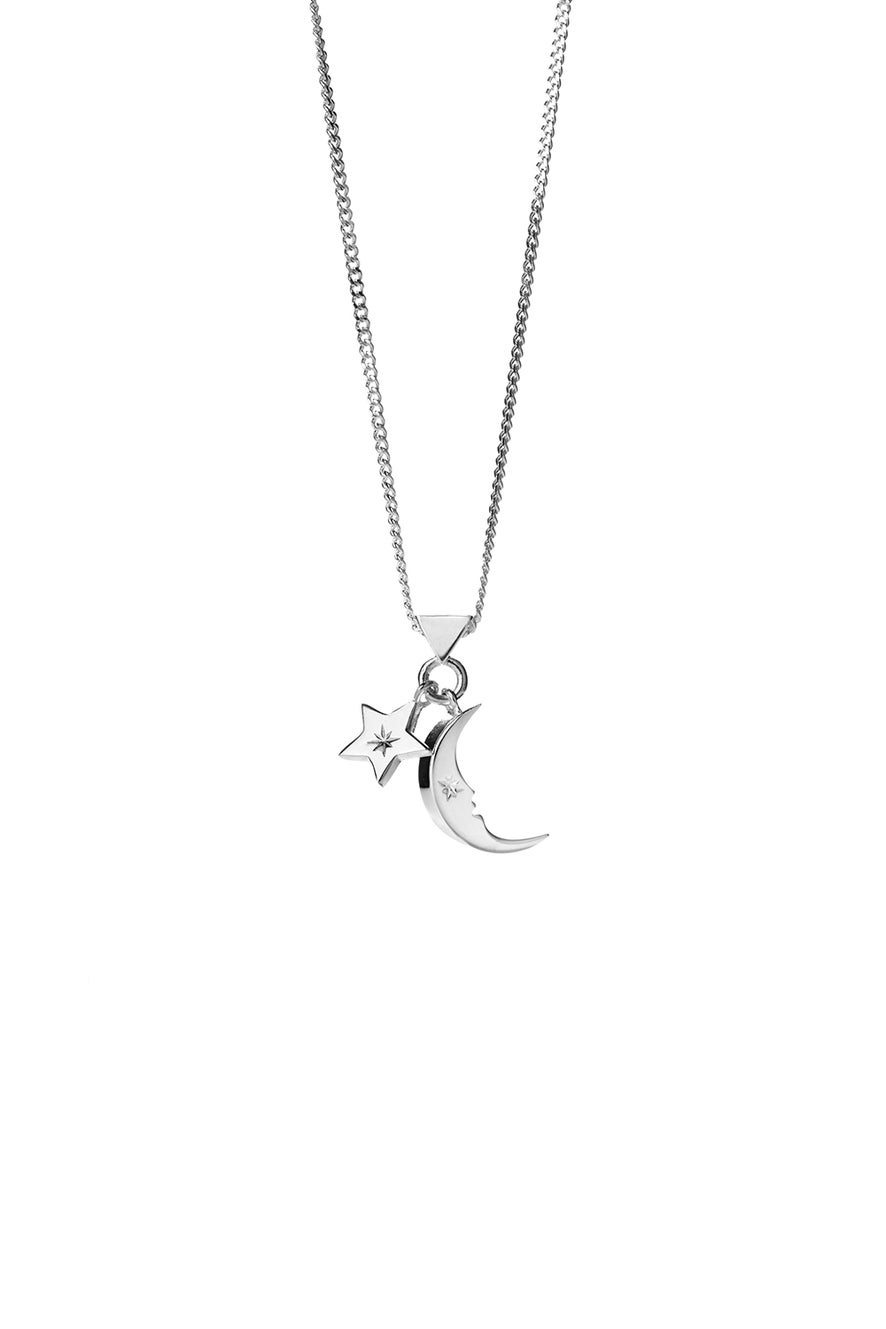 Moon and Star Charm Necklace Silver