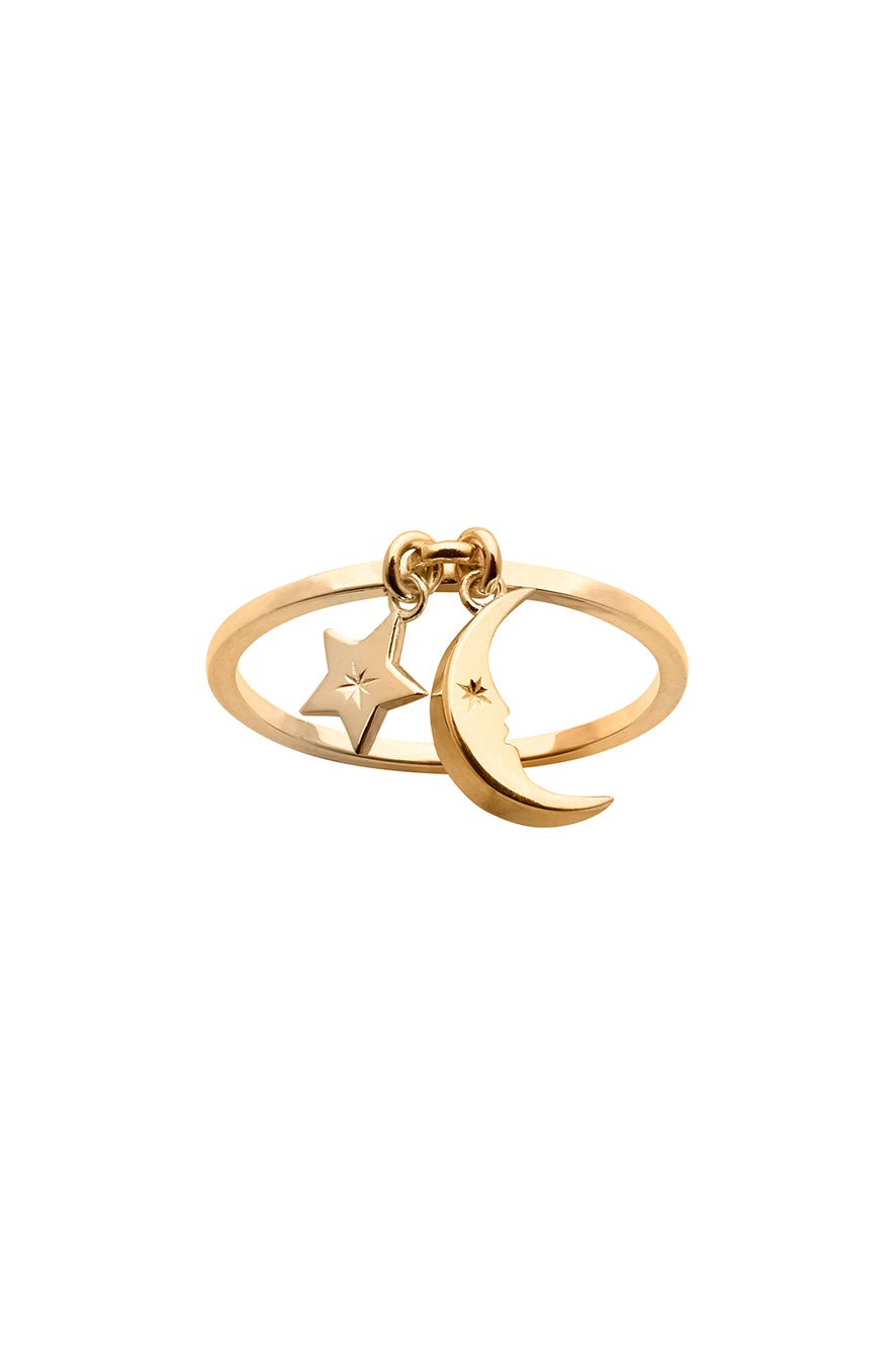 Moon and Star Charm Ring Gold