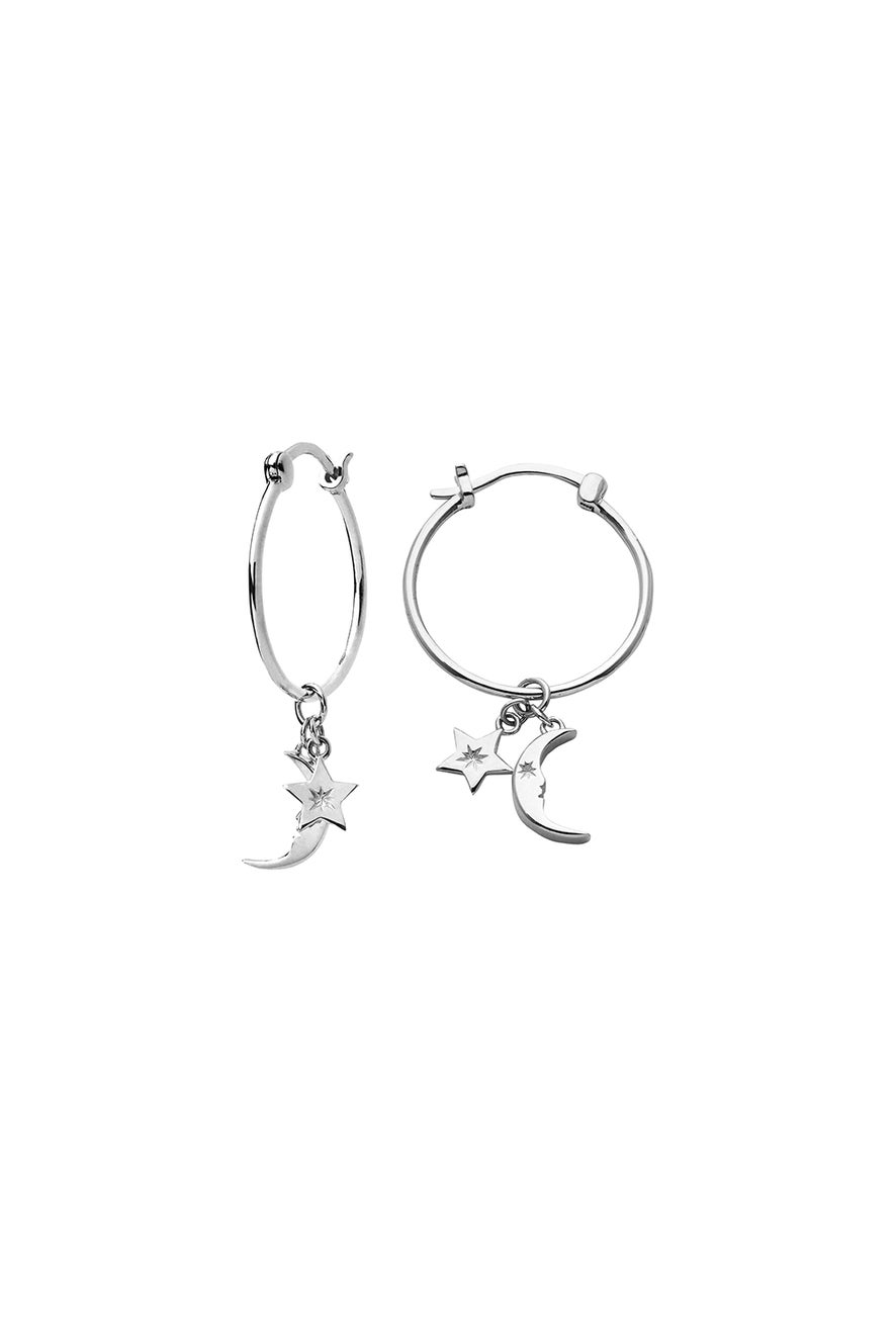 Moon and Star Charm Hoops Silver