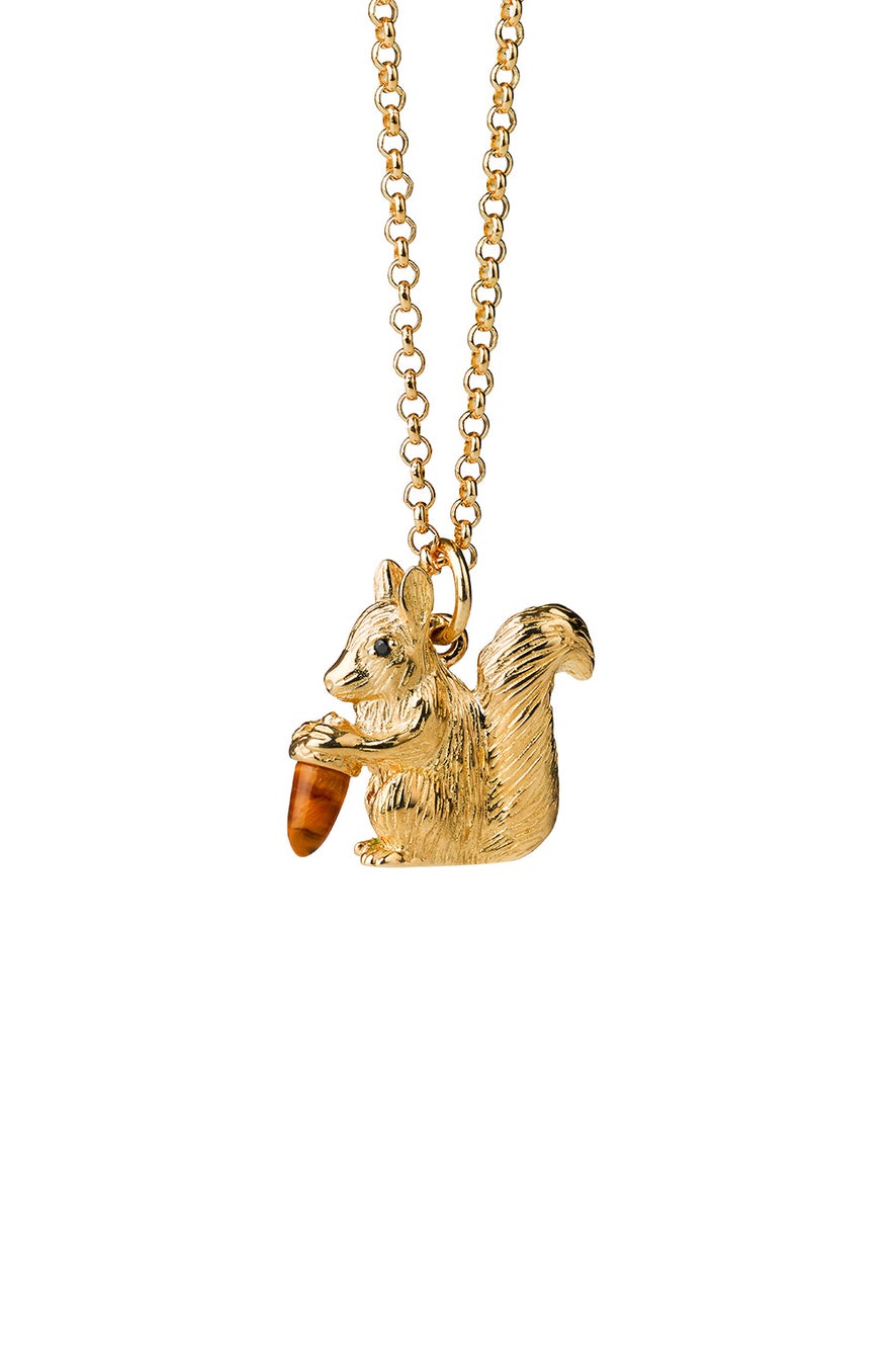 Squirrel Necklace Gold with Tiger's Eye and Black Spinel
