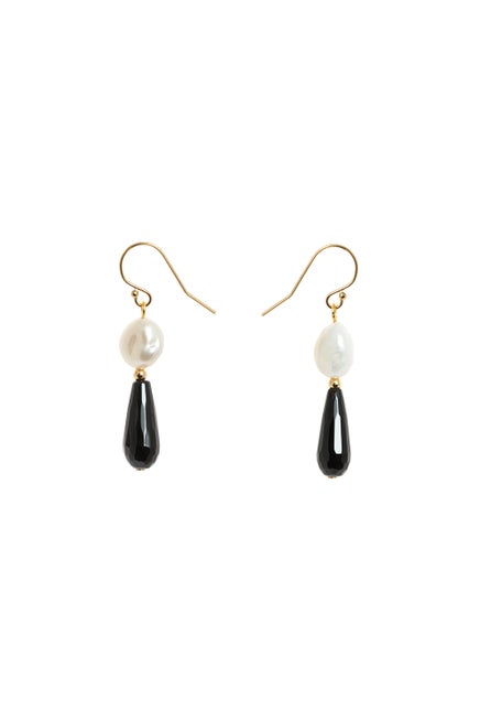 Vania Everyday Hook Pearl and Black Agate Earrings