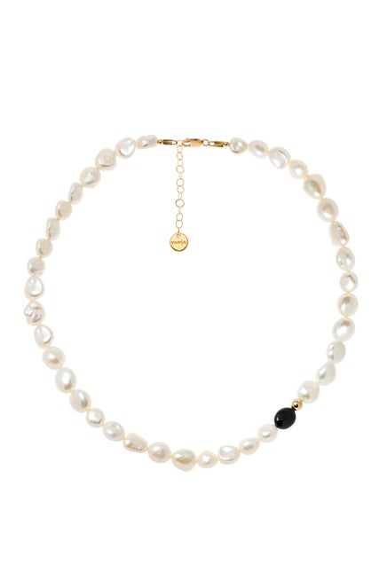 Vania Large Pearl with Black Agate Necklace