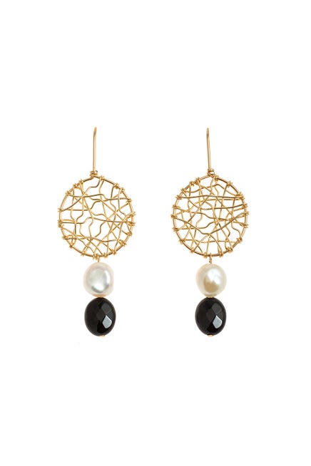 Vania Midi Daydreamer Pearl and Black Agate Earrings