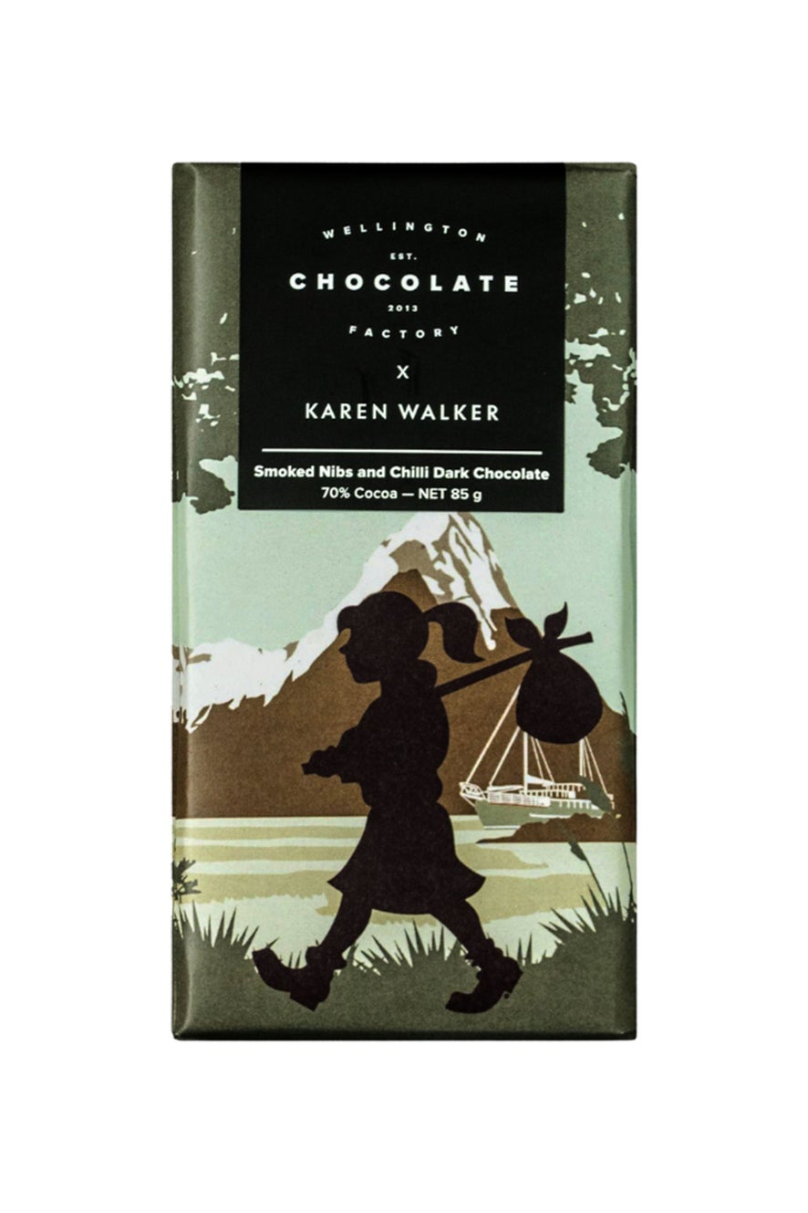 Wellington Chocolate Factory x Karen Walker Smoked Nibs and Chilli Dark Chocolate